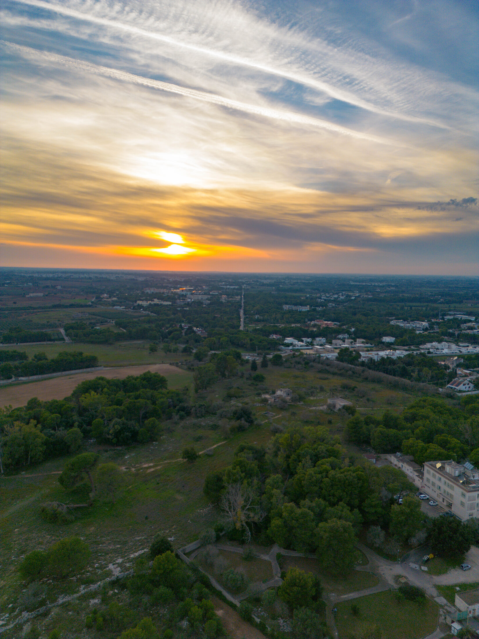 Aerial sunset over the countryside